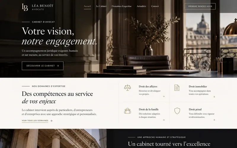 Étude de style pour Léa Benoît, avocate, entreprise fictive&nbsp;: page d’accueil sombre, intérieur de cabinet, titre «&nbsp;Votre vision, notre engagement.&nbsp;»