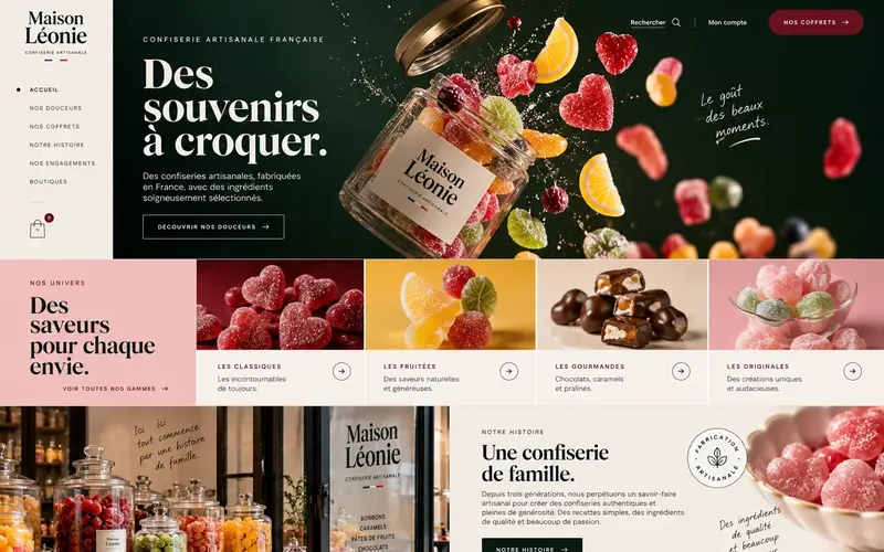 Étude de style pour Maison Léonie, confiserie artisanale, entreprise fictive&nbsp;: bocal de bonbons, titre «&nbsp;Des souvenirs à croquer.&nbsp;»