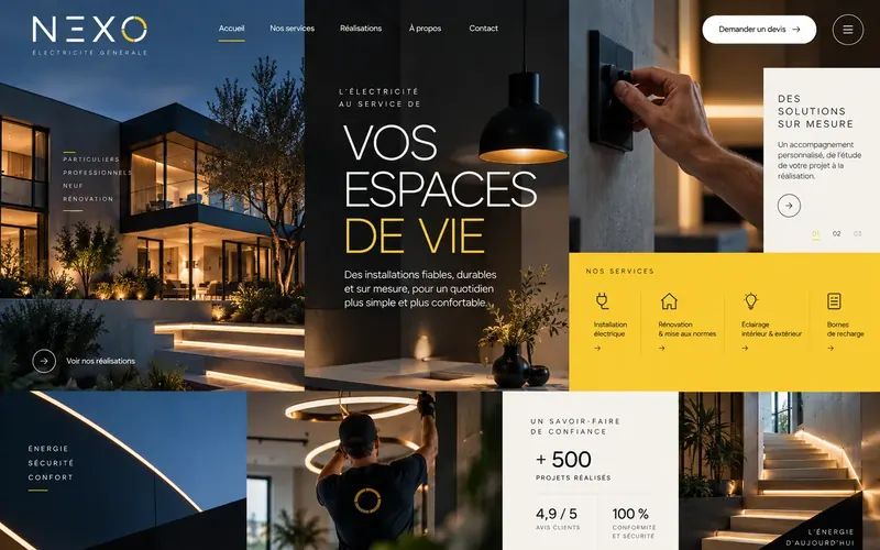 Étude de style pour Nexo, électricité générale, entreprise fictive&nbsp;: maison éclairée de nuit, titre «&nbsp;Vos espaces de vie&nbsp;», bandeau jaune.