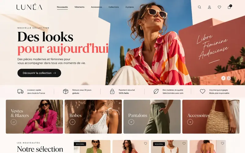 Étude de style pour Lunéa, mode femme en ligne, entreprise fictive&nbsp;: portrait en couleurs vives, titre «&nbsp;Des looks pour aujourd’hui&nbsp;».