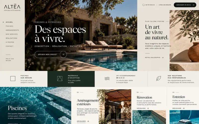 Étude de style pour Altéa, piscines et extérieurs, entreprise fictive&nbsp;: piscine au soleil, titre «&nbsp;Des espaces à vivre.&nbsp;»