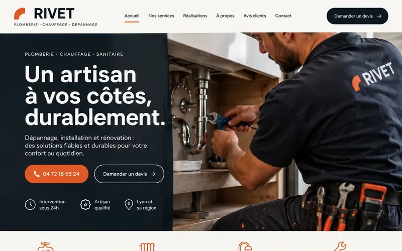 Étude de style pour Rivet, plomberie et chauffage, entreprise fictive&nbsp;: artisan au travail, titre «&nbsp;Un artisan à vos côtés, durablement.&nbsp;» et bouton de demande de devis.