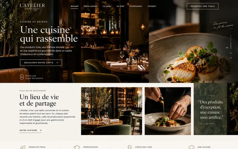 Étude de style pour L’Atelier, restaurant, entreprise fictive&nbsp;: salle aux lumières chaudes, titre «&nbsp;Une cuisine qui rassemble&nbsp;».
